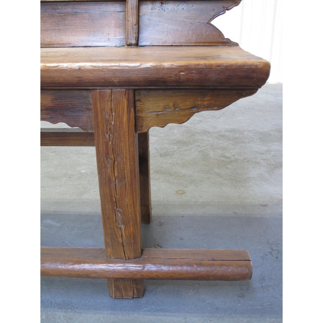 Antique 111" Elm Wood Bench With Tiered Backrest For Sale - Image 11 of 13