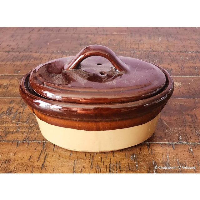 Traditional Vintage Stoneware Small Lidded Casserole Covered Oval Bowl ~ Dish, 1980s For Sale - Image 3 of 9