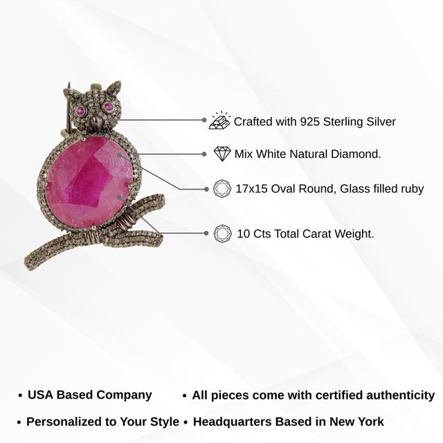 10 Ct Ruby & Diamond Wise Owl Oxidized Silver Unisex Brooch Pendant - Christmas Jewelry For Sale - Image 12 of 14