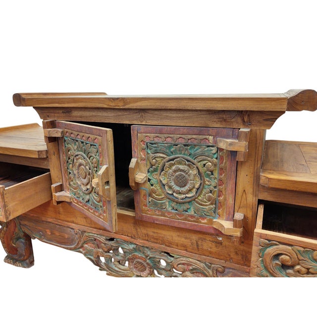 1960s Large Mid-Century Balinese Hand-Carved Teak Sideboard - Hi-Lo Altar Cabinet For Sale - Image 5 of 18