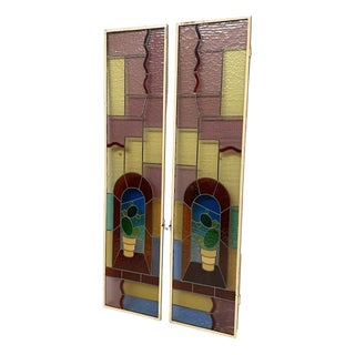 Italian Liberty Cactus Stained-Glass Windows, 1910s, Set of 2 For Sale
