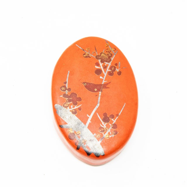 Red Vintage Bird Motif Paper Mâché Red Pillbox For Sale - Image 8 of 13