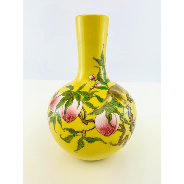 Vintage Chinese Yellow Famille Rose Monkey & Peach Porcelain Vase For Sale - Image 9 of 12