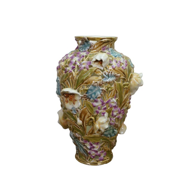 Pair of two antique art nouveau Zsolnay reticulated pierced openwork floral faience vases from the Mályva (Mallow) series....