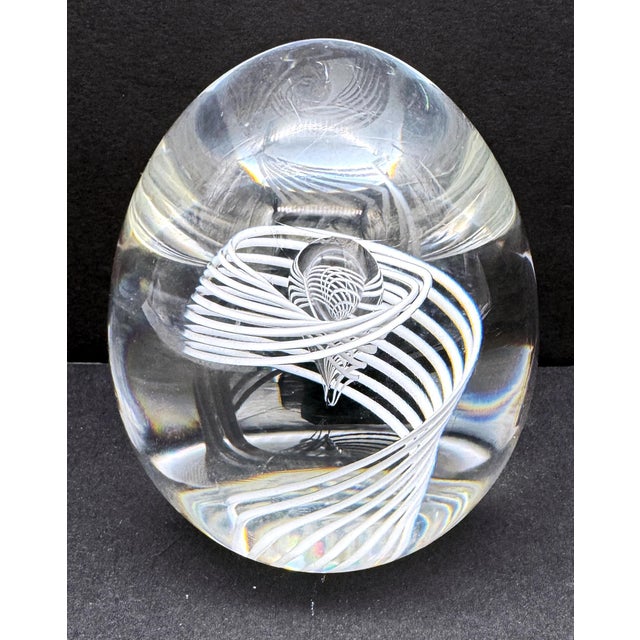 Steuben Glass Signed Steuben White Swirl & Bubble Glass Egg Paperweight by George Thompson For Sale - Image 4 of 18