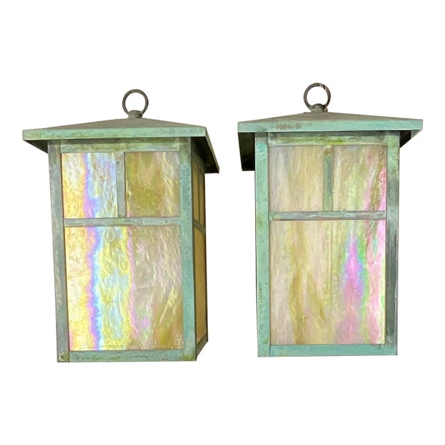 Arts & Crafts Brass Lantern Pendant Light With Art Glass For Sale