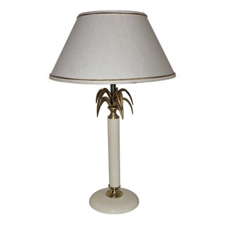 Vintage Table Lamp in Cream-White Lacquered Beech Wood Base and Fabric Shade, 1980s For Sale