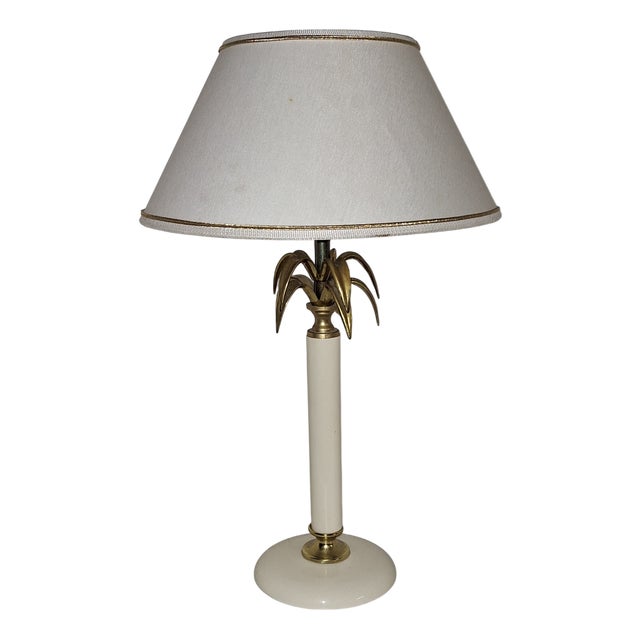 Vintage Table Lamp in Cream-White Lacquered Beech Wood Base and Fabric Shade, 1980s For Sale