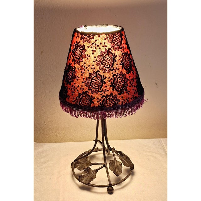 Art Deco French Table Lamp with Black Wrought Iron Frame and Handmade Fabric Shade from Lamplove, 1930s For Sale - Image 3 of 10