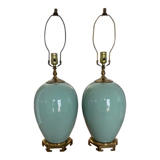 Mid 20th Century Vintage Mid to Late Twentieth Century Green Turquoise Celadon Lamps With Brass Fittings, a Pair For Sale