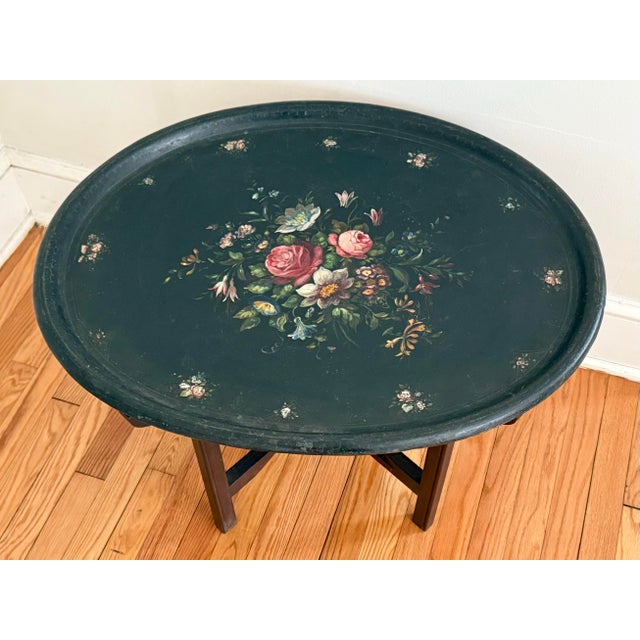 Victorian Papier Mâché Black & Gold Tea Tray on Stand For Sale - Image 9 of 9