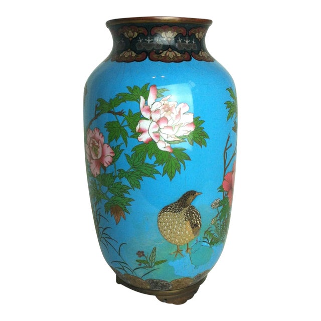 1910s Blue Floral Bird Cloisonne Vase For Sale