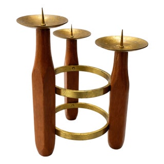 Mid-Century Modern Scandinavian Teak and Brass Circular Candleholder, 1960 For Sale