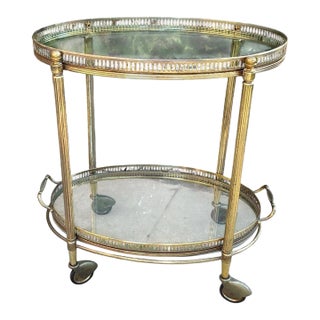 Mid-Century French Gilt Brass & Glass Oval Two-Tier Service Trolley Bar Cart on Castors For Sale