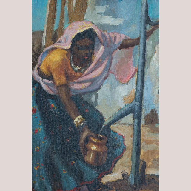 African Woman Drawing Water, 1980s, Oil Painting on Canvas For Sale - Image 4 of 7