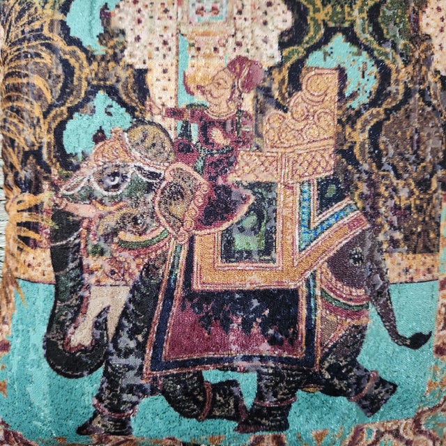 Indian Chinoiserie Velvet Pillow With Fringe - the Sultan Ride in Turquoise For Sale - Image 4 of 6