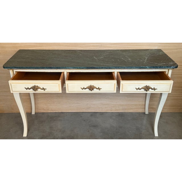 20th Century French White Painted Table Console With Green Marble Top For Sale - Image 11 of 16