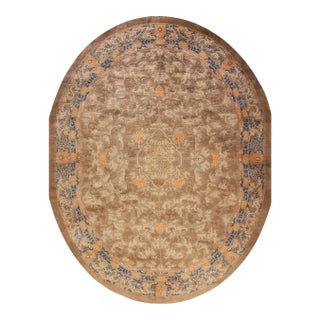1900s Mocha Medallion Dragon Antique Chinese Peking Carpet Wool Oval Rug For Sale