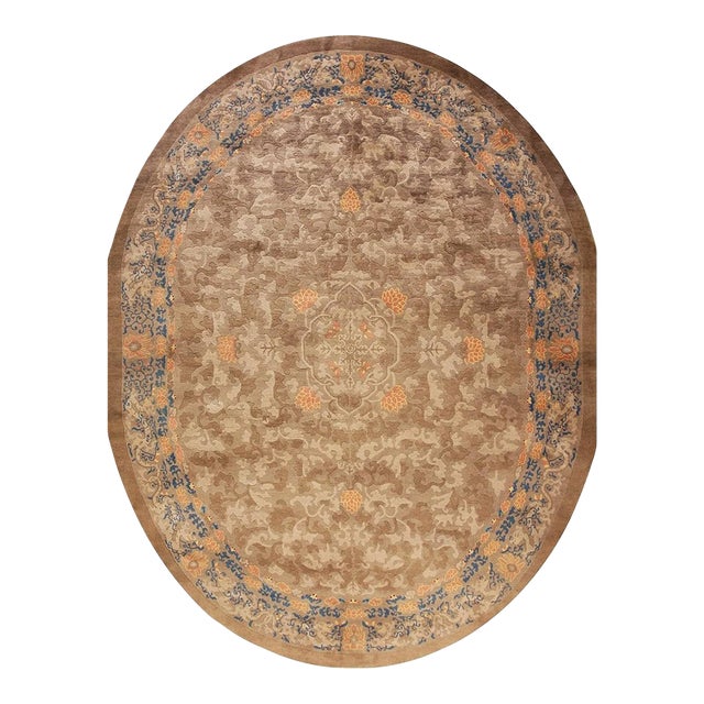 1900s Mocha Medallion Dragon Antique Chinese Peking Carpet Wool Oval Rug For Sale