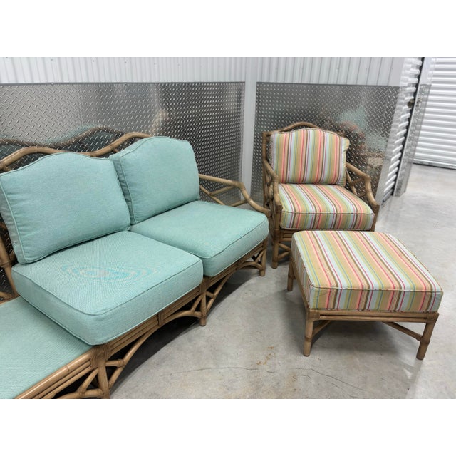 David Francis Chippendale Rattan Sofa Set. Couch, Chair and Ottoman, Like New, for Fraction of Price. Quality, Designer Furniture in a Coastal Design. For Sale - Image 9 of 12