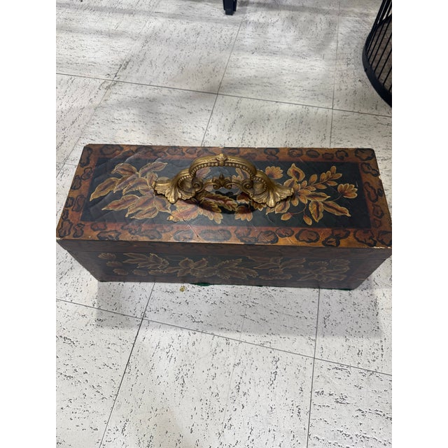 Art Deco Antique Floral Pyrography Wood /Brass Box 7x8x19 For Sale - Image 3 of 9