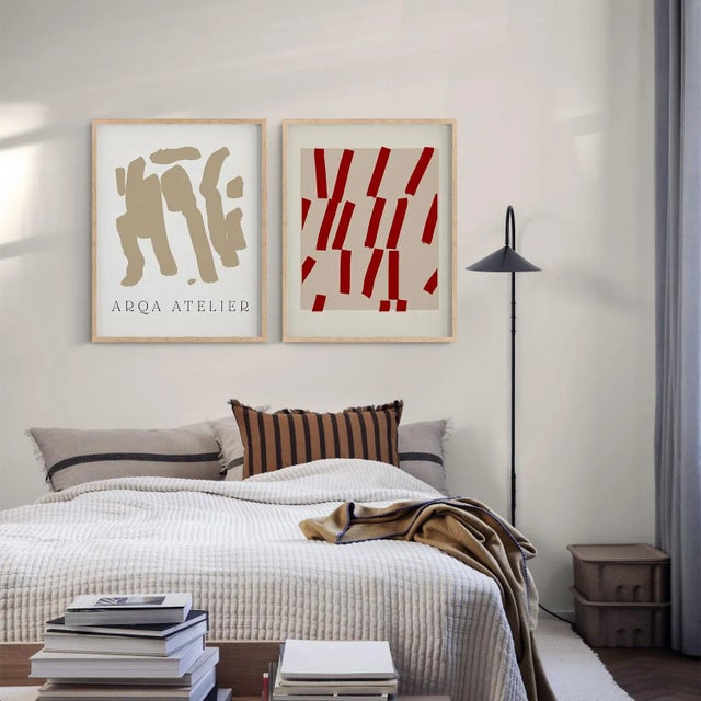 Set of 2 abstract open edition giclee prints. 20"x28" Elegant red and beige lines geometrical composition on beige...