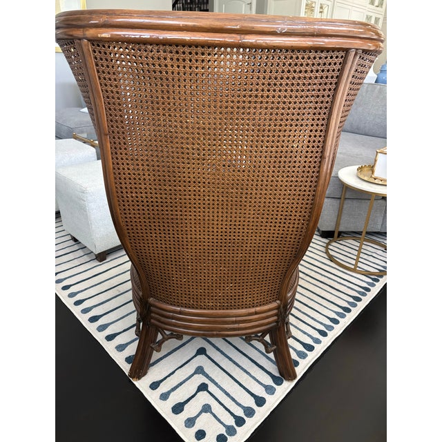Lane Furniture Lane Venture Carved Faux Bamboo Handwoven Caning Wingback Chair Usa For Sale - Image 4 of 11