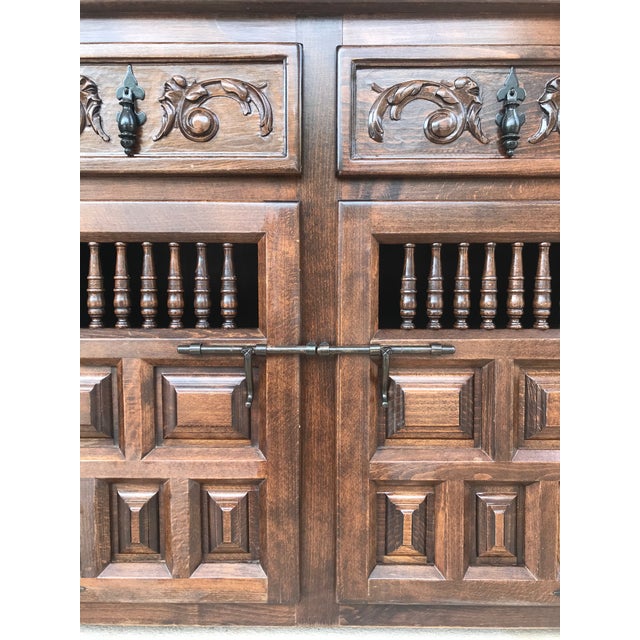 20th Century Spanish Carved Dark Walnut Tuscan Two Drawers Credenza or Buffet For Sale - Image 9 of 13