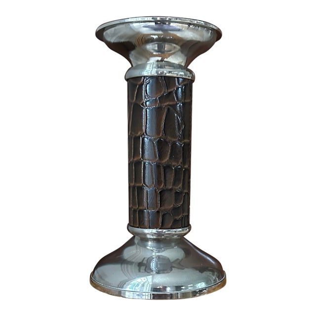 Vintage 8” Leather and Silverplate Ralph Lauren Style Candleholder For Sale