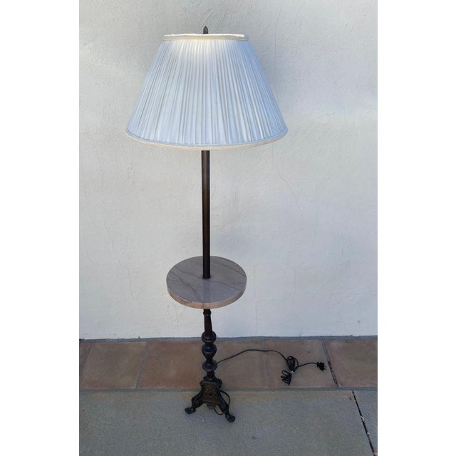 Vintage Regency Style 2 Light Embellished Bronze Floor Lamp With Attached Marble Table and Shade For Sale In Los Angeles - Image 6 of 15