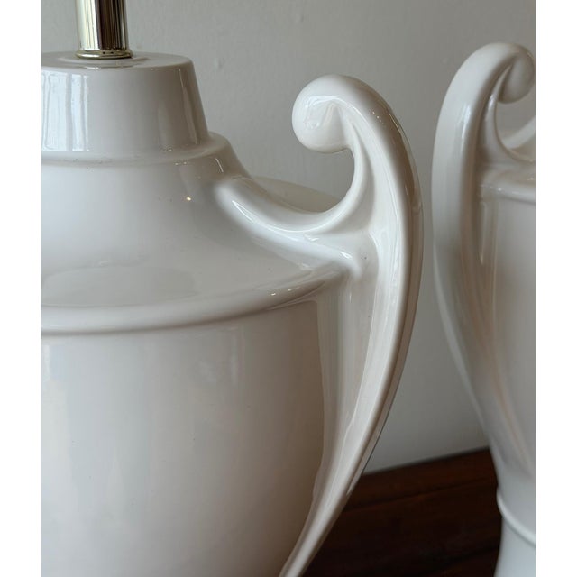 Postmodern Vintage White Glazed Ceramic Urn Lamps - a Pair For Sale - Image 3 of 6