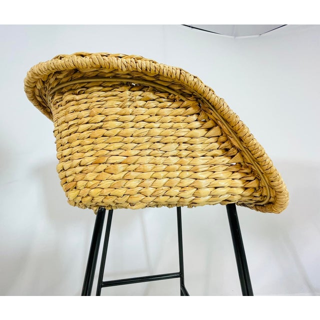Set of Three Woven Water Hyacinth and Black Metal Frame Barstools For Sale - Image 9 of 12