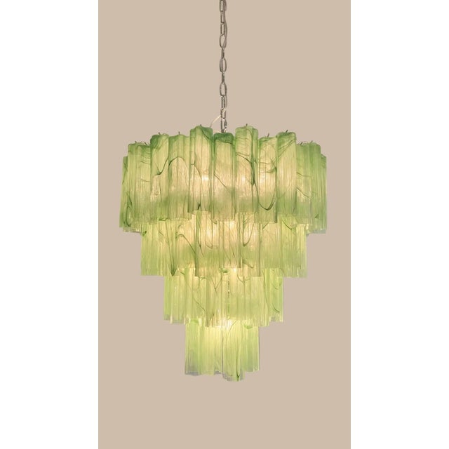 Mid-Century Modern Four-Tier Murano Glass Chandelier With 80 Green Alabaster Glass Tubes and Polished Nickel Frame. For Sale - Image 3 of 5