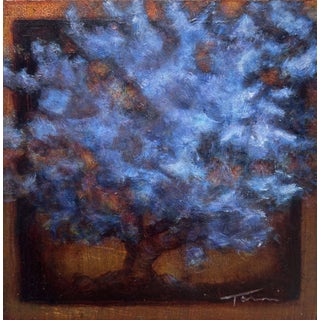 A Crossing by Tammi Otis | Oil on Board Tree with blue foliage against a dark background For Sale
