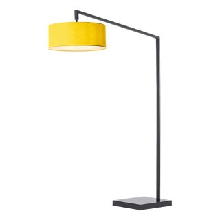 Stretch 75"h 1-Light Chairside Arc Lamp, Mustard Linen Shade, Black Body, Dimmable, for Living Room or Bedroom For Sale