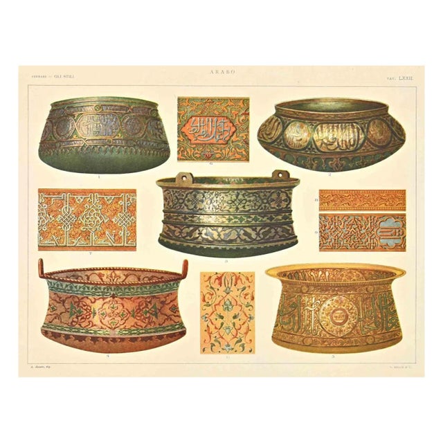 Decorative Objects in Arab Style is a print on ivory-colored paper realized by A. Alessio in the early 20th Century....
