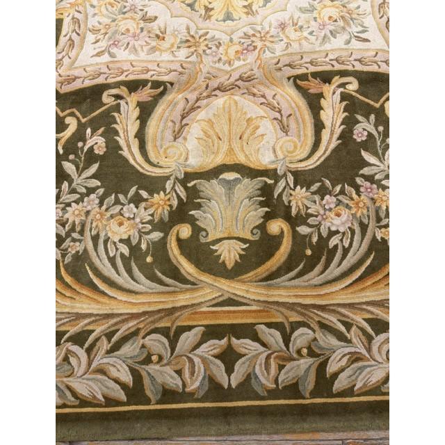 1990s Contemporay Luxury Green Field Medallion Antique European Savonnerie Gallery Rug For Sale - Image 5 of 8