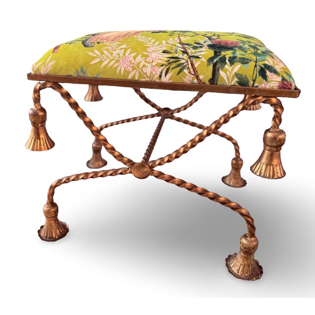 A gold gilt bench featuring a rope and tassel motif from Italy, dating back to the 1960s. This versatile and decorative...