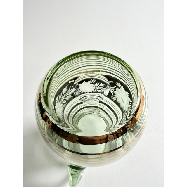 Vintage Mid-Century Modern Bohemian Green Glass Pitcher Cut Flowers, Gold & Black Bands For Sale - Image 10 of 17