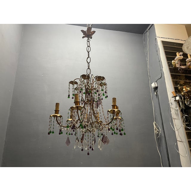Italian Florentine Tole Gilt Murano Glass Beaded 6-Light Chandelier, 1950s For Sale - Image 16 of 17