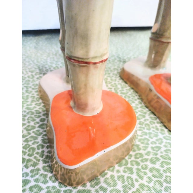 Ceramic Vintage Italian Colorful Ceramic Faux Bamboo Double Stalk Green Orange Candle Stick Holders- a Pair For Sale - Image 7 of 9