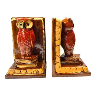 Vintage Ceramic Great Horned Owl Bookends – Red Glaze Sculptural Pair For Sale