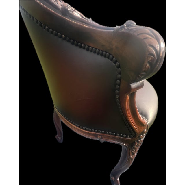 Animal Skin Vintage Theodore Alexander French Rococo Style Carved Leather Tub Armchair For Sale - Image 7 of 10