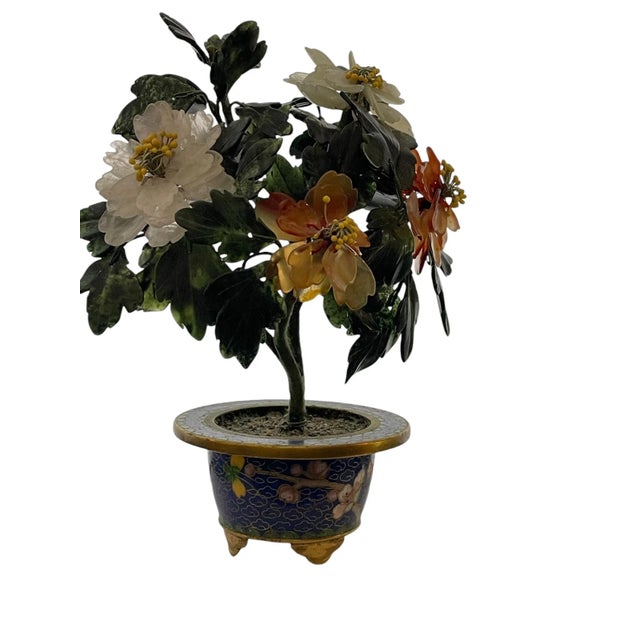 Pretty little vintage hard stone tree with blue cloisonné pot. The blooms are pale quartz and carnelian with deep green...