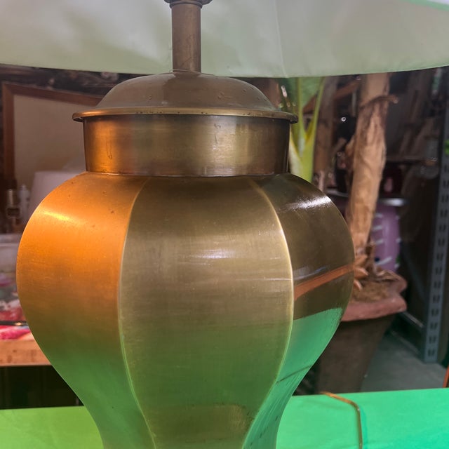 Large Vintage Brass Table Lamp With White Lampshade For Sale - Image 4 of 10