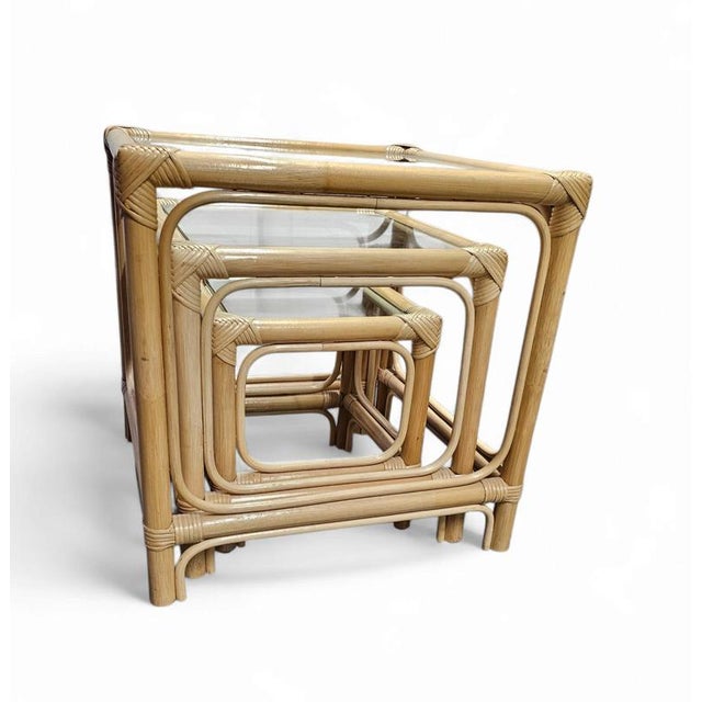 Bamboo Nesting Side Tables with Clear Glass Tops, 1970s, Set of 3 For Sale - Image 11 of 12