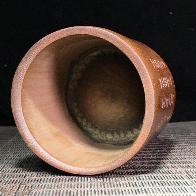 Brown Hand-Carved Bamboo Brush Pot With Pomegranate Motif For Sale - Image 8 of 9