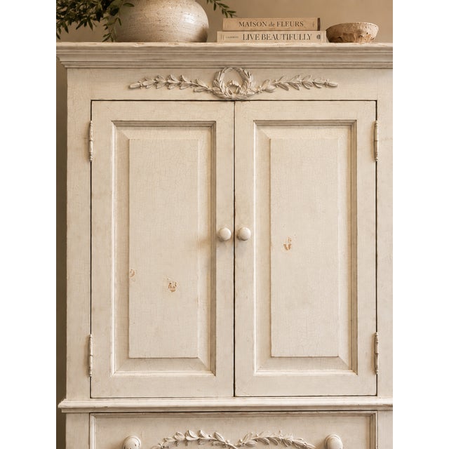 French Provincial Vintage Distressed Solid Wood Armoire With Carved Laurel Details For Sale - Image 3 of 7