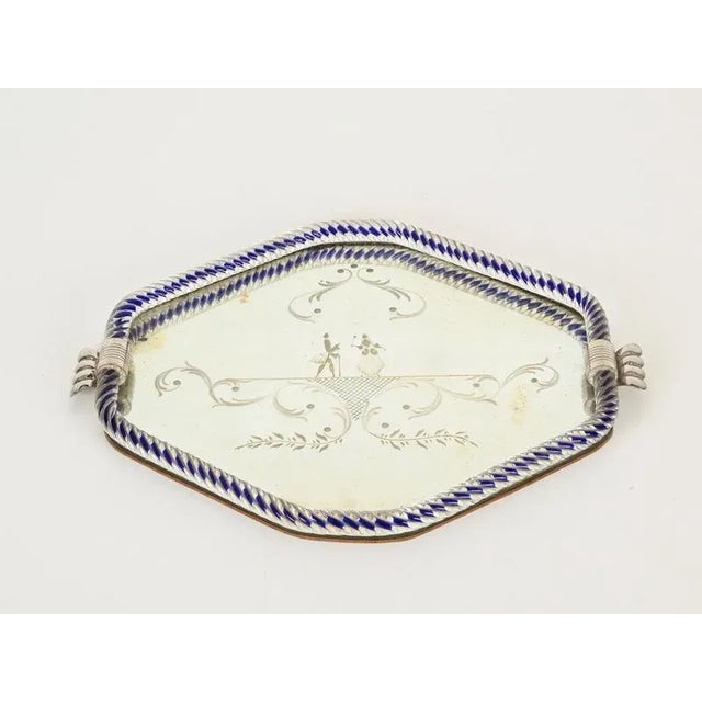 Metal Hexagonal Serving Tray in Blue Mirror-Engraved Murano Glass from Barovier, Italy, 1940s For Sale - Image 7 of 13