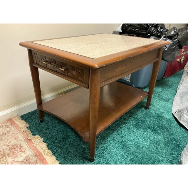 Vintage Lane Perception Mid-Century Modern End Table With Basketweave Drawer and Travertine Top For Sale - Image 9 of 9